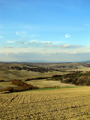 Fototapeta na wymiar Autumn panorama over the hills of the Val d'Orcia, with clouds and blue sky, Tuscany, Italy