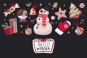 Christmas or New Year Card With Cute Christmas Characters And Objects.