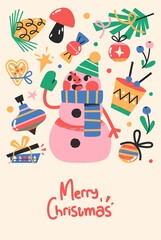 Christmas or New Year Card With Cute Christmas Characters And Objects.