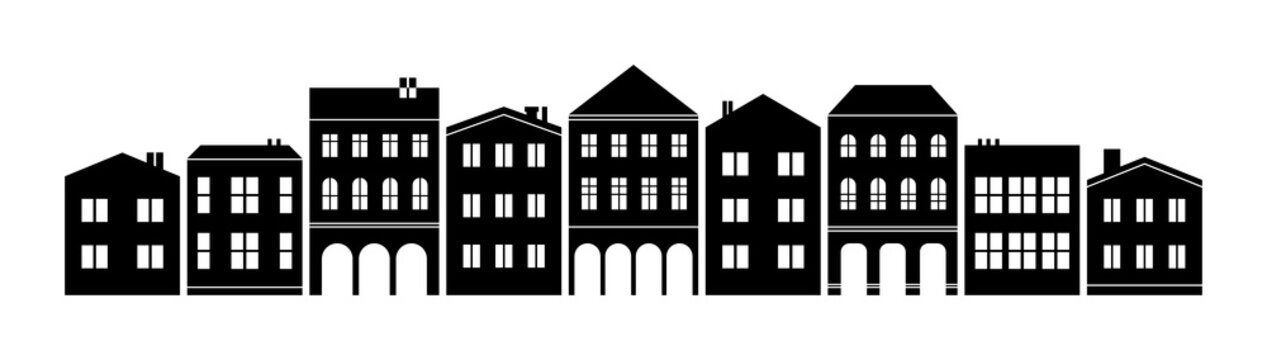 Abstract nordic european america town suburb silhouette cutout skyline with double decker and three-storey houses black and white