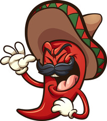 Laughing Mexican red chili pepper with sombrero. Vector clip art illustration with simple gradients. All on a single layer. 
