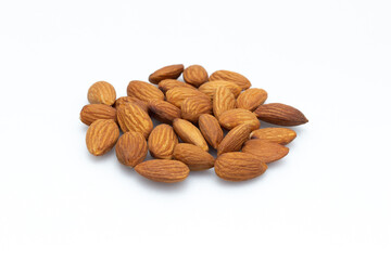 Almonds are placed on the white background at the center of the image,top view,flay lay,top-down.