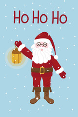 Christmas card Ho Ho Ho with Santa Claus, in traditional clothes and a red hat. He holds a lantern in his hand. Snow is falling. Vector.