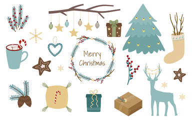 Christmas, a set of festive elements for design and decor. Wreath, deer, garland, branches, spruce, lenok, gift. Vector illustration in a minimalistic style.