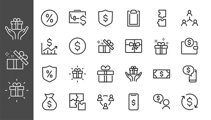 Set of business vector line icons. It contains user symbols, dollar pictograms, gears, briefcase, puzzles, envelope, percentage, messages, schedule, and more. Editable Bar 480x480 pixels.