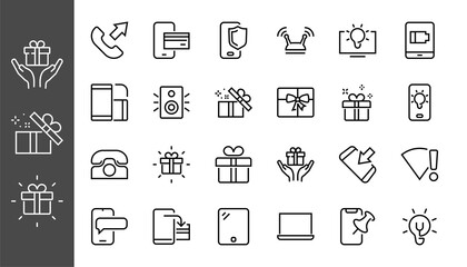 GADGET Set of vector icons of smart devices such as laptop, tablet, protection program, phone, digital network, thin line vector gadget icons, editable stroke