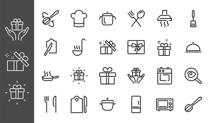   Set of cooking and kitchen icons, Vector lines, contains icons such as frying pan, frying, microwave, fork with spoon, Editable stroke, perfect 480x480 pixels, white background.