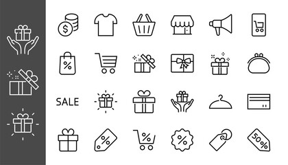 Black Friday Icon Set contains icons of Promotions, Discounts Shopping, Shopping Cart. Editable stroke. Vector Symbols, Linear