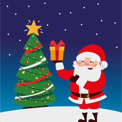 merry christmas cute santa with gift box and tree in snow decoration
