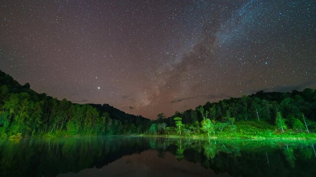 4K time lapse of Milky way rise over Pang Oung reservoir in Mae Hong Son, Northern Thailand