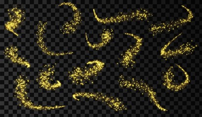 Sparkle stardust. Gold silver wave. Magic comet with trail. Shining stars.