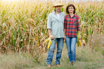Caucasian middle age farmer family of two stands by maize field with corn cobs in their hands