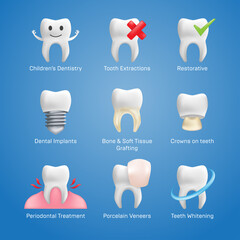 Dental icons vector set with different elements for various website services - dentistry, restorative, implants, porcelain veneers, orthodontic treatment, denture wearers, bridgework, cleaning, etc.