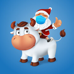 Funny silver Ox animal symbol of the year in the Chinese zodiac calendar with Santa Claus on his back wearing a surgical protective face mask. Cartoon vector illustration of Christmas characters