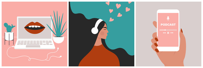 Podcast concept set. Mouth speaking from a screen on a laptop. Young beautiful girl enjoying audio in headphones. Hand holding a smartphone with a media application. Flat vector in trendy style - obrazy, fototapety, plakaty