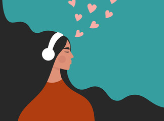Beautiful young girl in headphones listening to music, radio, podcast or audio book. Melomaniac, music lover. Woman enjoying her favorite songs. Flat vector illustration with a female character - obrazy, fototapety, plakaty