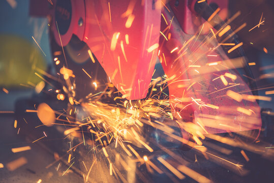 Cutting of a steel with splashes of sparks
