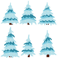 Set of winter tree. Snow on branches. Element of nature and forests. Cold season. New year and Christmas decorations. Cartoon flat illustration