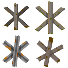 Anti-tank barricade. Czech hedgehog. Modern protective structure. Steel structure. Road blocking. Flat warfare illustration. © Taras