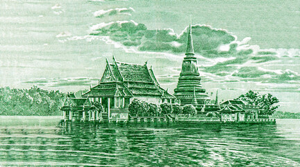 Phra Samut Chedi Temple (among guilloche design), at Pak Khlong Bang Pla Kot, on the banks of the Chao Phraya River, opposite Samut Prakan City Hall. Portrait from Thailand Banknotes. © Prachaya