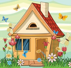 Old village house. Fabulous cartoon object. Cute childish style. Ancient dwelling. Tiny, small. Against the background of a landscape with butterflies. Vector