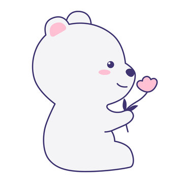 Cute polar bear holding a flower isolated on a white background. Flat design for poster or t-shirt. Vector illustration