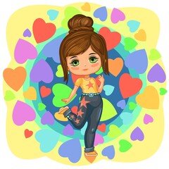 Cute little girl in jeans with stars. Cheerful funny child in a good mood. The isolated object on a white background. Young baby in beachwear. Cartoon flat style. Vector