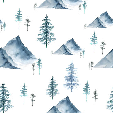 seamless pattern with watercolor illustrations of mountains and forest trees christmas trees on white background, hand painted closeup