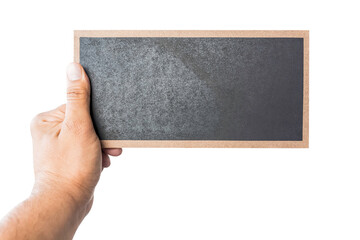 Hand holding wooden black brown board backdrop background copy space mock up on white background isolated rectangular blackboard