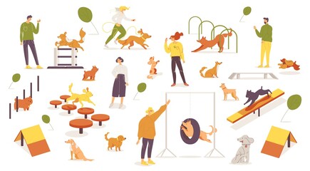 Agility dog training school woth various equipment good for education for puppies and play with pets. Vector concept illustration with owners and shadows