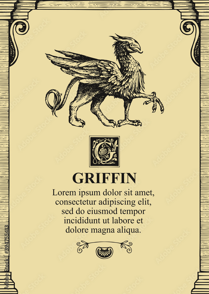 Aufkleber vintage background or frame for a certificate or diploma with a griffin and text lorem ipsum. vector