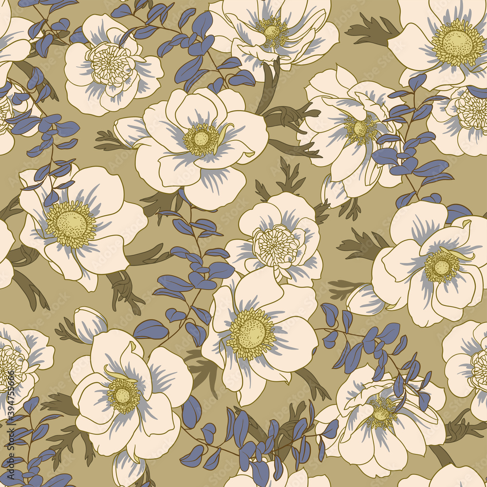 Poster seamless vector pattern with anemones and branches