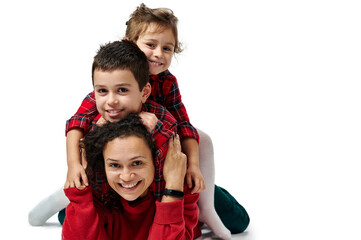 Fototapeta na wymiar Isolated portrait on white. Family portrait. A young woman and two children on her shoulders. Red clothes.