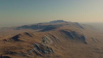 science fiction illustration, alien planet landscape with strange rock formations, fictional space scene, rocky hills and mountains
