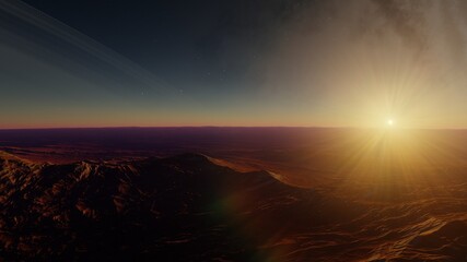 science fiction illustration, alien planet landscape with strange rock formations, fictional space scene, rocky hills and mountains