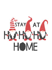 Сhristmas gnomes on white background. Phrase  Stay At Home. Cute scandinavian design. Happy New Year Quarantine design template.Vector illustration with gnome in red hats.