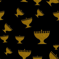 Jewish holiday Hanukkah seamless pattern background. Golden menorah isolated on black.