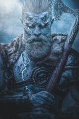 Cinematic and evil king of the dead with pale skin and glowing eyes staring at camera and holding...