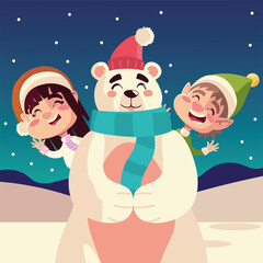 merry christmas, happy girl and boy polar bear with hat celebration