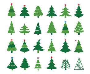 Cute Hand drawn Christmas tree icons set isolated on white background