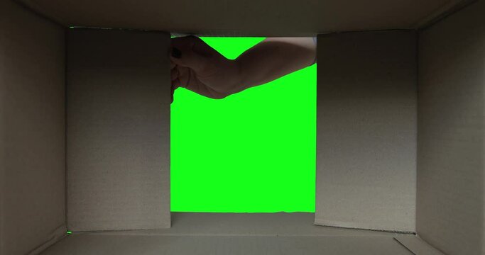 Woman hand open delivery internet shopping box, view from inside. Green screen chroma key. E-commerce clothes delivery, home isolation quarantine coronavirus