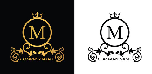 Golden and black Letter M template logo Luxury gold letter with crown. Monogram alphabet . Beautiful royal initials letter.	