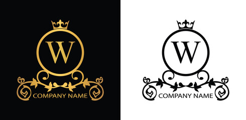 Golden and black Letter W template logo Luxury gold letter with crown. Monogram alphabet . Beautiful royal initials letter.	