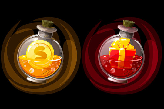 Set of isolated elixir bottles with gift and coin icons.
