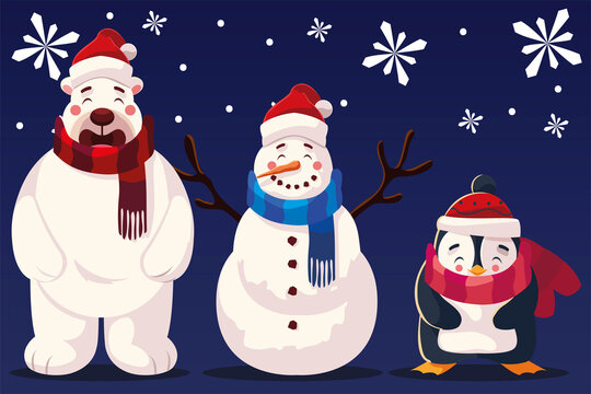merry christmas snowman bear and penguin with hat and scarf snowflakes background