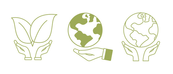 Set of hands with Earth and leaves isolated on white background. Can be used for an ecological concept. Vector illustration