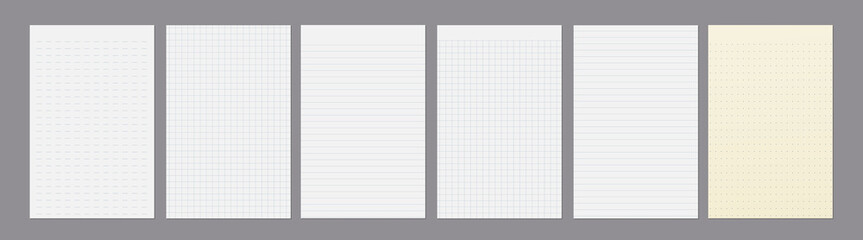 Torn of white and yellow lined, math note, notebook paper are on dark grey background for text, advertising or design. Vector illustration