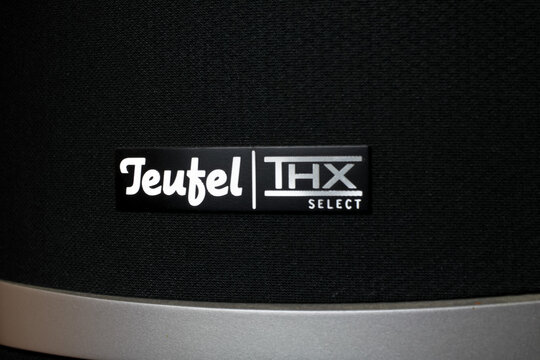 Viersen, Germany - May 9. 2020: Close up of isolated logo lettering of german audio equipment manufacturer Teufel on thx loudspeaker