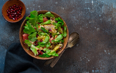 Chicken, grapefruit, orange, pomegranate seeds,mix salad leaves salad