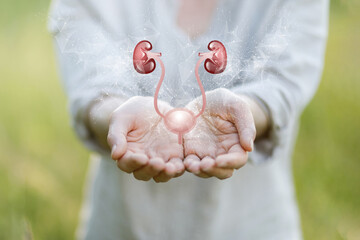 Hands support the urinary system . - obrazy, fototapety, plakaty